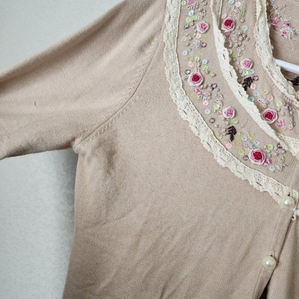 Y2K Coquette Cream Knit Cardigan Top with Floral Beading Pearls Sequins M - Picture 10 of 11